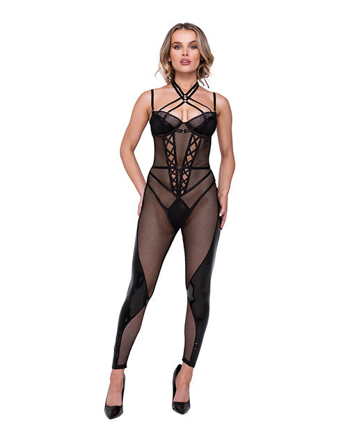 Roma Confidential Flirty Fetish Fishnet & Faux Leather Catsuit w/Satin Trim Black XL