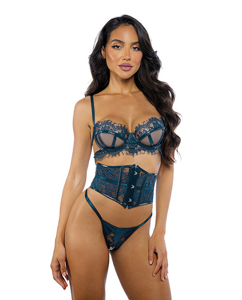 Roma Confidential Eden Scalloped Eyelash Lace & Wet Look Waspie 3 pc Set - Teal MD