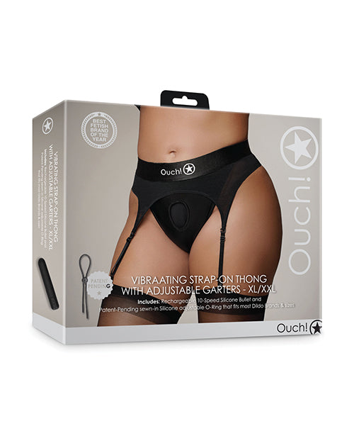 Ouch Shots Ouch Vibrating Strap On Thong w/Adjustable Garters - Black XL/XXL