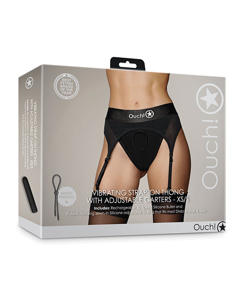 Ouch Shots Ouch Vibrating Strap On Thong w/Adjustable Garters - Black XS/S