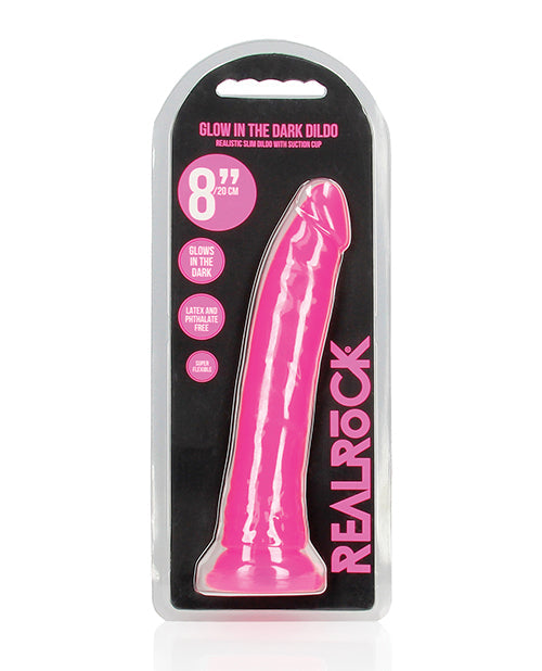 RealRock Shots RealRock 8" Slim Dildo Glow in the Dark - Neon Pink