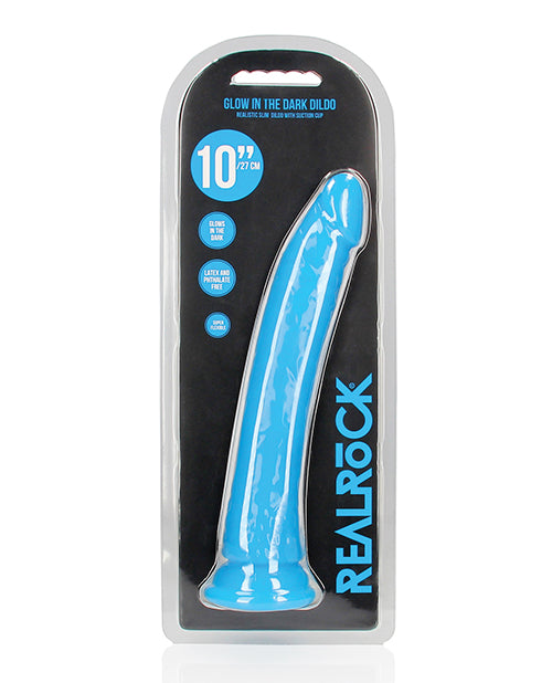 RealRock Shots RealRock 10" Slim Dildo Glow in the Dark - Neon Blue