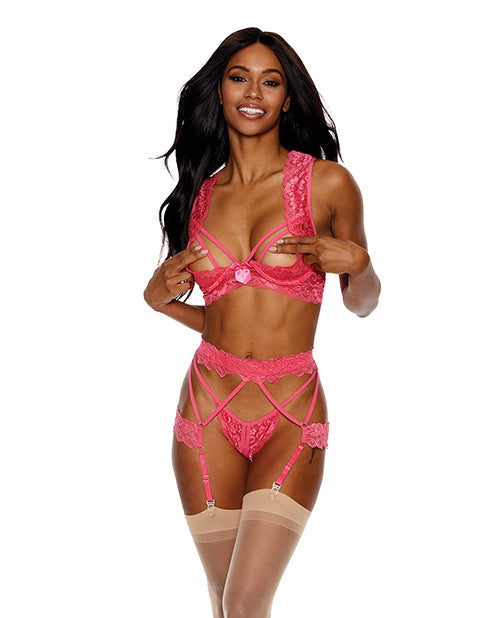 Showtime Lace Underwire Peek a Boo Bra, Garterbelt & G-String Coral XL