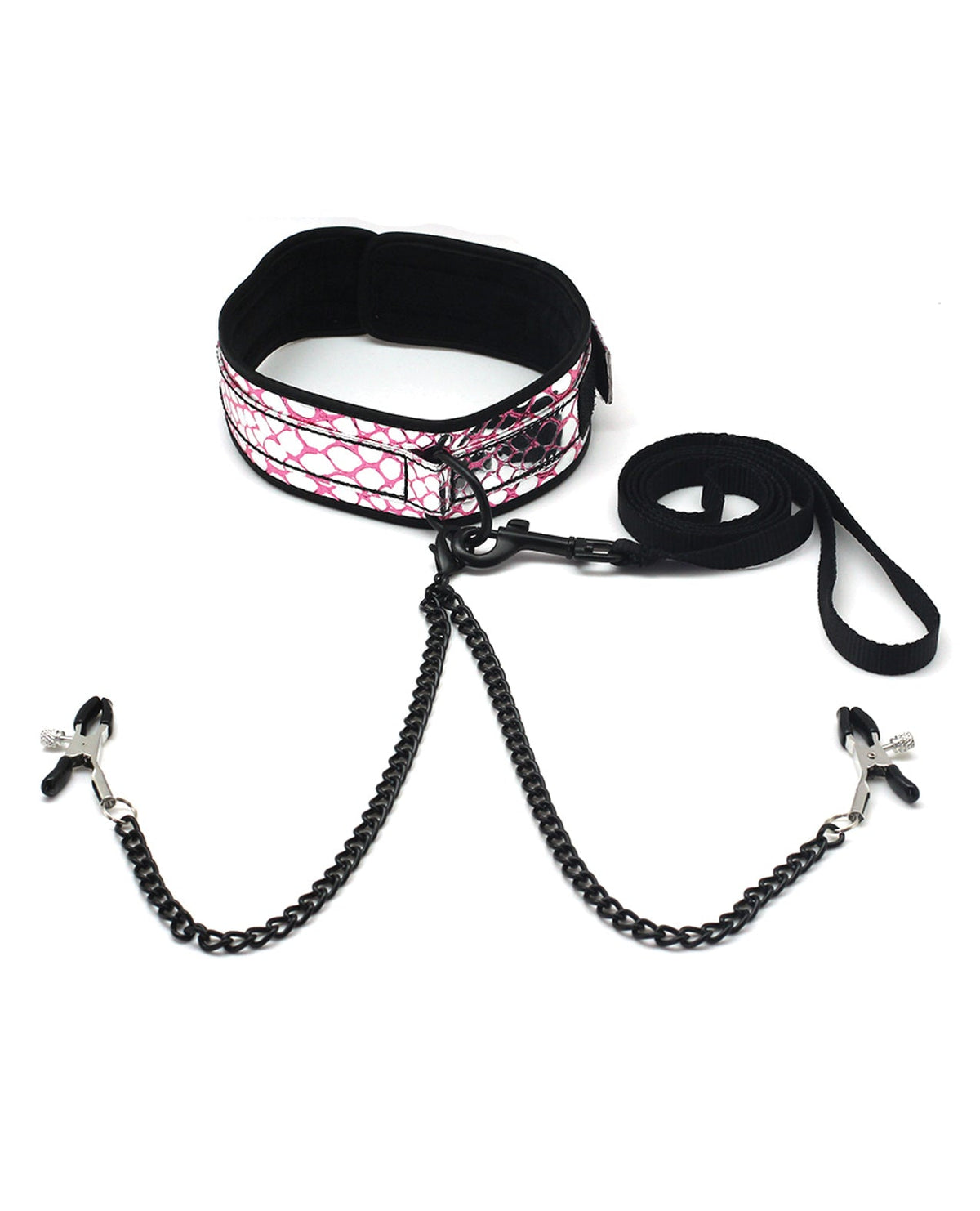 Spartacus Spartacus Faux Leather Collar & Leash w/Black Nipple Clamps - Pink