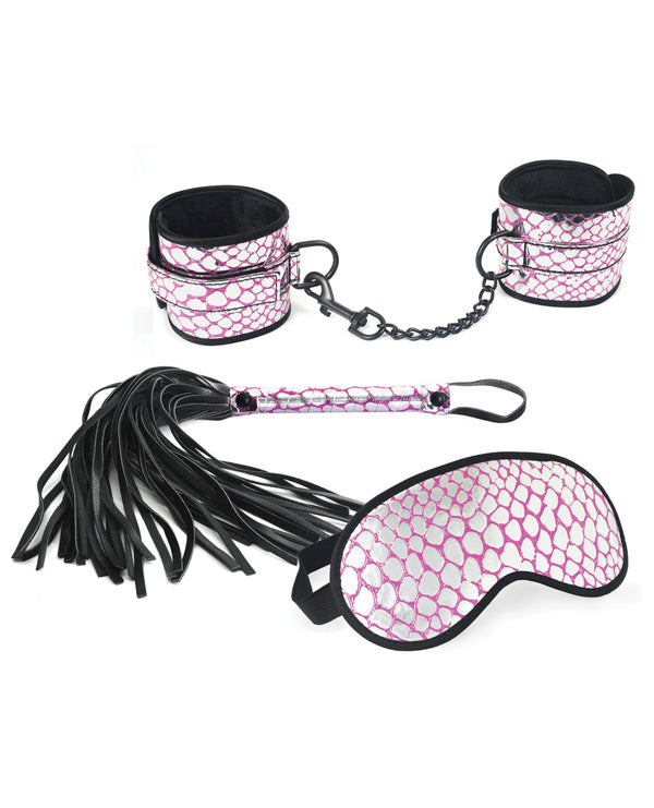 Spartacus Spartacus Faux Leather Wrist Restraints Blindfold & Flogger Bondage Kit - Pink