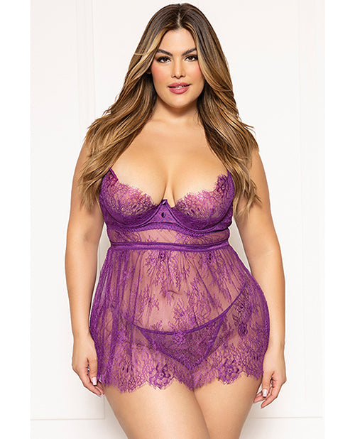 Seven 'til Midnight Floral Eyelash Lace Underwire Babydoll w/Thong 2 pc Set - Purple 1X/2X