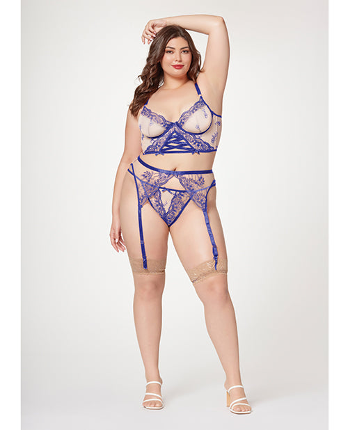 Seven 'til Midnight Sheer Stretch Mesh w/Floral Contrast Embroidery Bustier, Garter Belt & Thong Blue/Nude 3X/4X