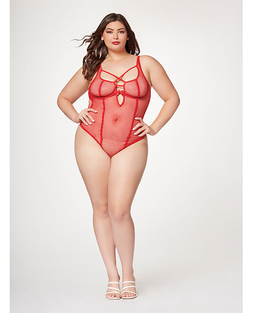 Seven 'til Midnight Fishnet Strappy High Cut Leg Teddy Red 1X/2X
