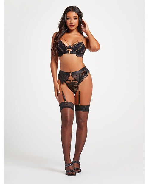 Seven 'til Midnight Scalloped Lace Bra w/Gold Chain, Garter Belt & Thong Black LG