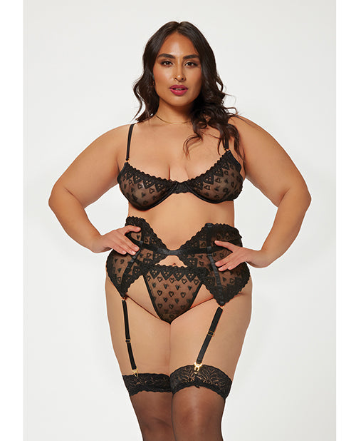 Seven 'til Midnight Valentines Heart Embroidered Mesh Bra, Waspie & Panty Black 1X/2X