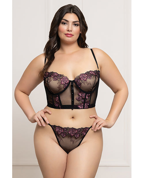 Seven 'til Midnight Floral Lace and Mesh Underwire Bustier w/Thong 2 pc Set - Black/Purple 1X/2X