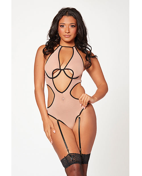 Seven 'til Midnight Mesh Cut Out Halter Teddy Nude/Black O/S