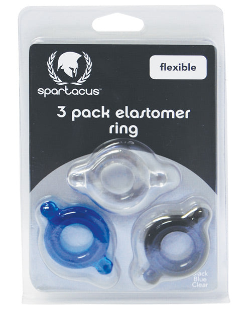 Spartacus Spartacus Elastomer Cock Ring Set - Black, Blue & Clear Pack of 3