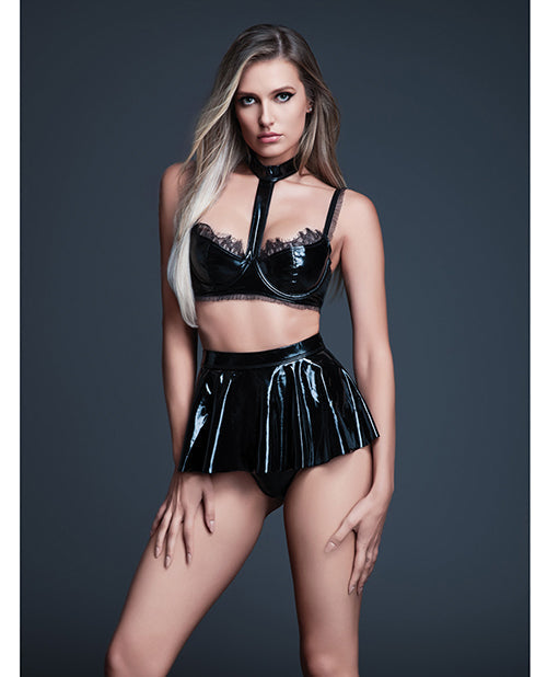 Allure Allure Naughty Nights Latex Look Vinyl and Lace Choker Bra & Mini Skirt 2 pc Set - Black LG