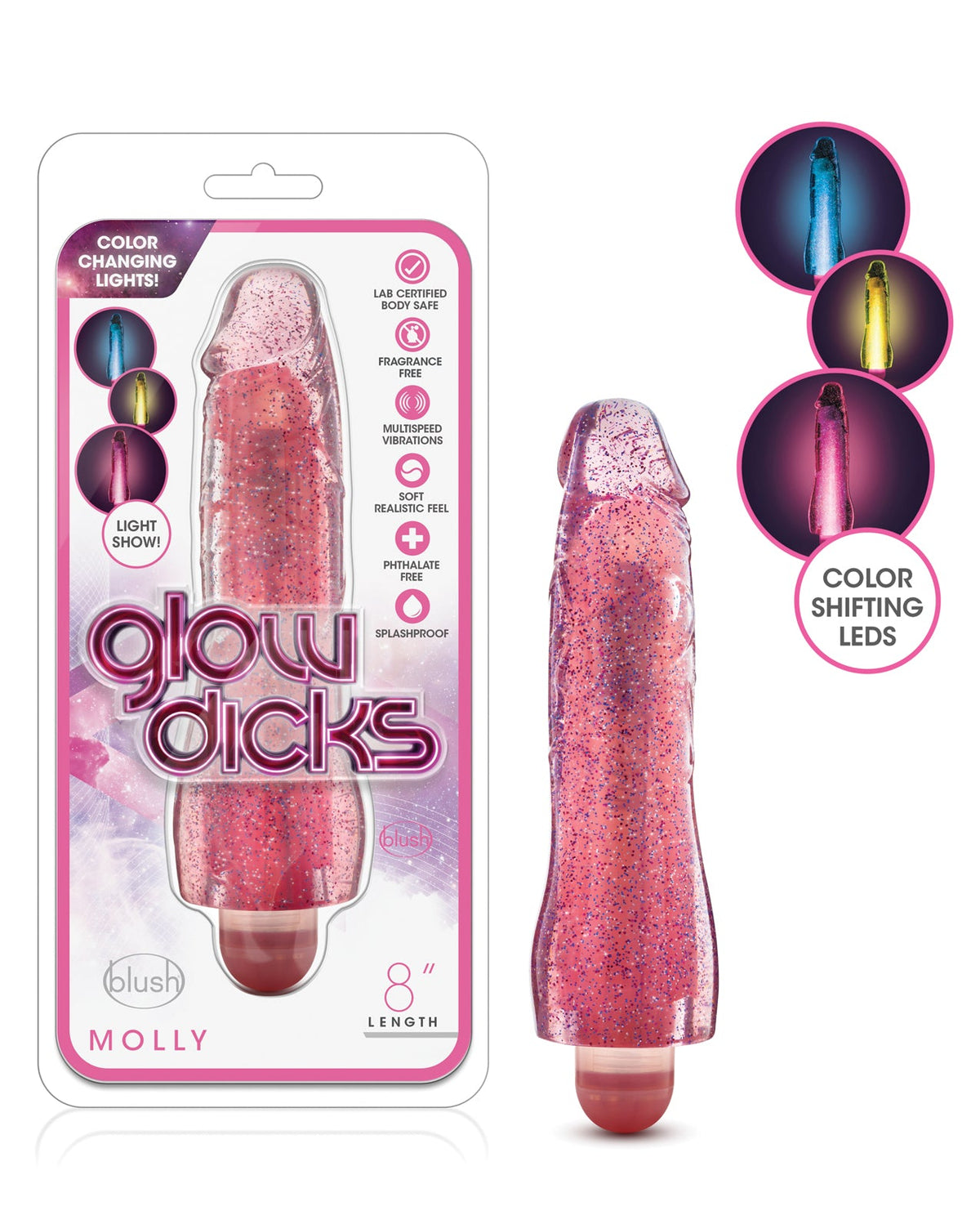 Glow Dicks Blush Glow Dicks Glitter Vibrator Molly - Pink