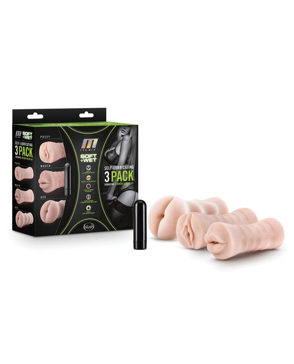 M for Men Blush M for Men Self Lubricating Vibrating Stroker Sleeve Kit - Vanilla Pack of 3