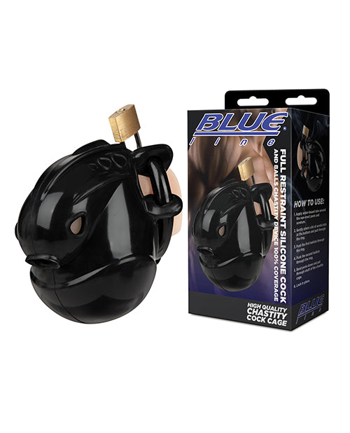 Blue Line Full Restraint Silicone Cock & Balls Chastity Device - 100% Coverage Black