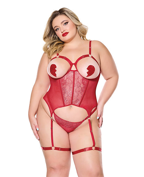 Coquette Metallic Stretch Scallop Lace and Mesh Bustier w/Thong - Red 1X/2X