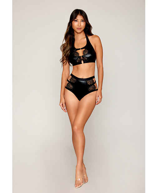 Dreamgirl Stretch Faux Leather and Eyelash Lace Bralette w/High-Waisted Panty - Black XL