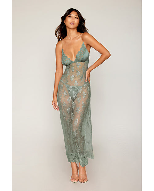 Dreamgirl Eyelash Lace & Satin Long Chemise w/G-String - Sage Green LG