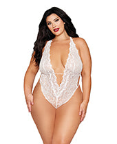 Red Diamond Stretch Lace Teddy w/Removable Pearl Harness - White QN