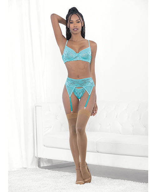 Escante Lace & Mesh Underwire Bra, Garterbelt & G-String Malibu Blue MD