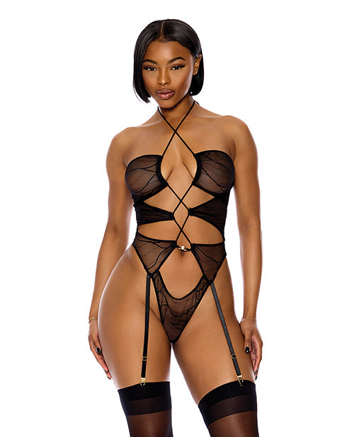 Forplay Pull My Strings Sheer Mesh Halterneck Teddy - Black LG
