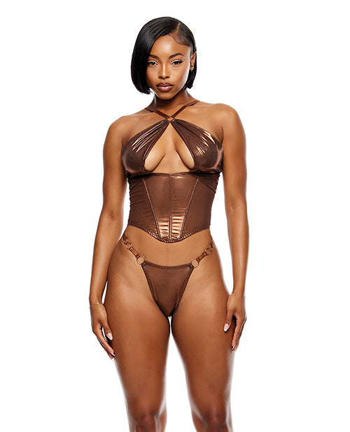 Forplay Liquid Metal Metallic Mesh Bustier w/G-String 2 pc Set - Metallic Copper SM