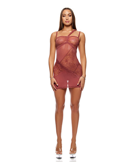 Forplay Patch of Petals Sheer Mesh and Lace Chemise w/Thong 2 pc Set - Mauve XL