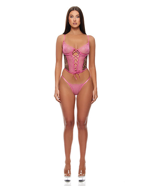 Forplay Animal Instincts Mesh Bustier & Panty 2 pc Set - Pink Leopard LG