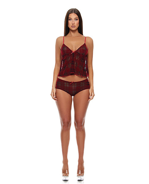 Forplay Velvet Lines Mesh Cami & Boy Short 2 pc Set - Red/Black MD