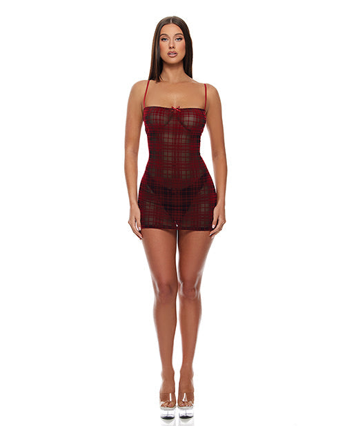 Forplay Velvet Lines Mesh Chemise & Thong 2 pc Set - Red/Black MD