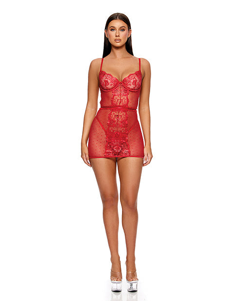 Forplay La Vie En Rose Metallic Embroidered Chemise, Panty & Belt 3 pc Set - Red XL