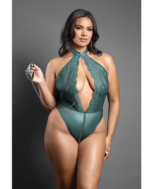 Domina by Fantasy Domina Lace Halter Teddy w/Zipper Detail & Detachable Chain-Link Leash - Green QN