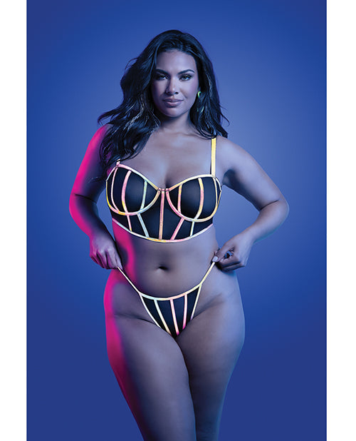 Glow by Fantasy Lingerie Solar Flare Flash Reflective Binding Underwire Bra & Thong - Black QN