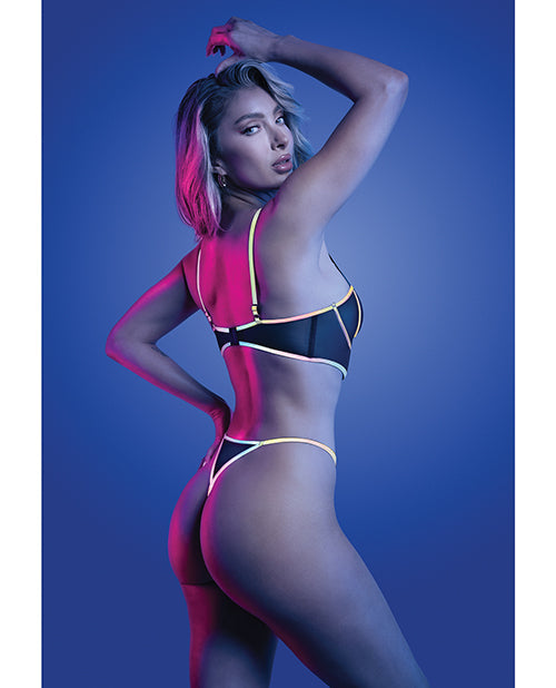 Glow by Fantasy Lingerie Solar Flare Flash Reflective Binding Underwire Bra & Thong - Black S/M