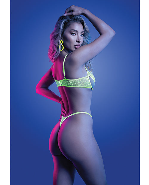 Glow by Fantasy Lingerie Mind Control UV Reactive Lace and Mesh Underwire Bra & Thong - Neon Green M/L