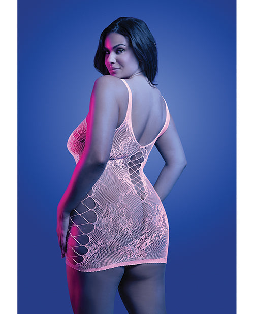 Glow by Fantasy Lingerie Magnetism Glow-in-the-Dark Lace Knit Dress; Glows Pink - White QN