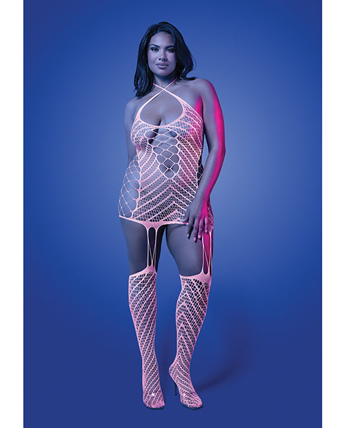 Glow by Fantasy Lingerie Metamorphic Glow-in-the-Dark Bodystocking Dress; Glows Pink - White QN