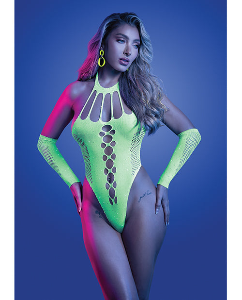 Glow by Fantasy Lingerie Pressure Point UV Reactive Rhinestone Studded Teddy & Gloves/Leg Warmers 2 pc Set - Neon Green O/S
