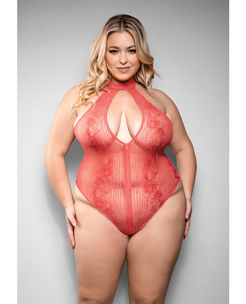 Temptress by Fantasy Temptress Calliope Striped Sheer Floral Lace Zippered Teddy - Coral 1X/2X