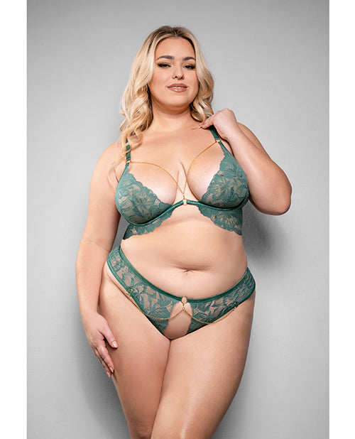 Temptress by Fantasy Temptress Aerin Lace Bra w/Removable Chain & Panty 2 pc Set - Green 3X/4X