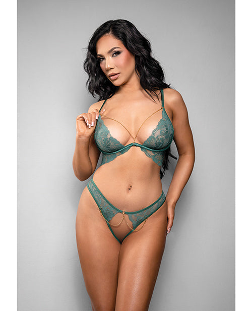 Temptress by Fantasy Temptress Aerin Lace Bra w/Removable Chain & Panty 2 pc Set - Green L/XL