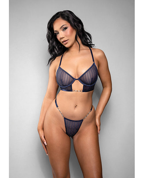 Temptress by Fantasy Temptress Celeste Sheer Striped Rhinestone Mesh Bra w/G-String 2 pc Set - Navy L/XL