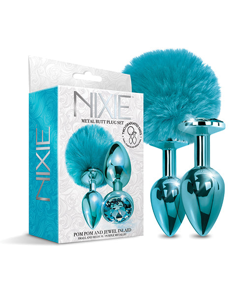 Nixie Nixie Metal Butt Plug Set w/Jewel Inlaid & Pom Pom - Blue Metallic