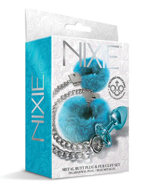 Nixie Nixie Metal Butt Plug w/Inlaid Jewel & Fur Cuff Set - Blue Metallic