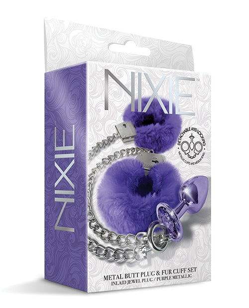 Nixie Nixie Metal Butt Plug w/Inlaid Jewel & Fur Cuff Set - Purple Metallic