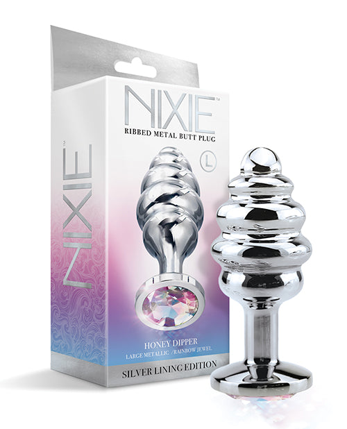 Nixie Nixie Honey Dipper Ribbed Metal Rainbow Jeweled Butt Plug - Large