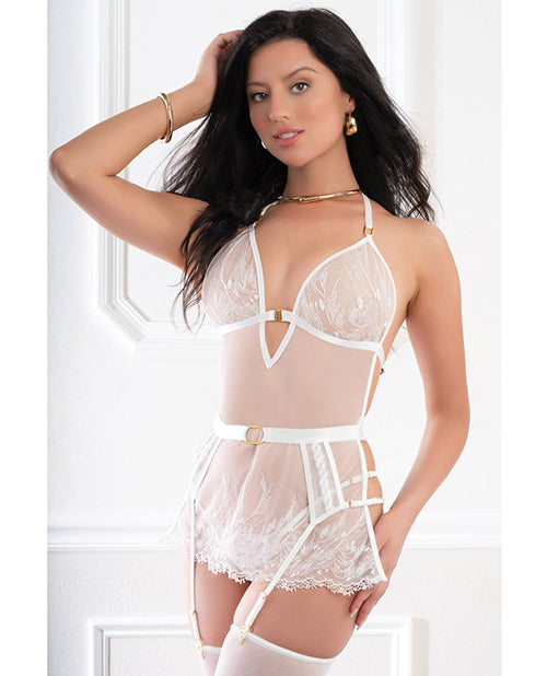 Sheer Lace Apron Style Babydoll, Garters, Open Back Panty &amp; Stockings - White O/S