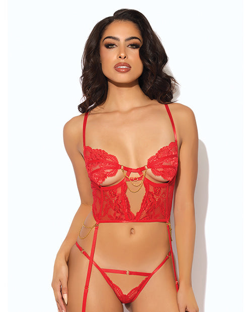 House of Desire Cecily Lace & Mesh Bustier w/Thong & Garter Straps - Red LG